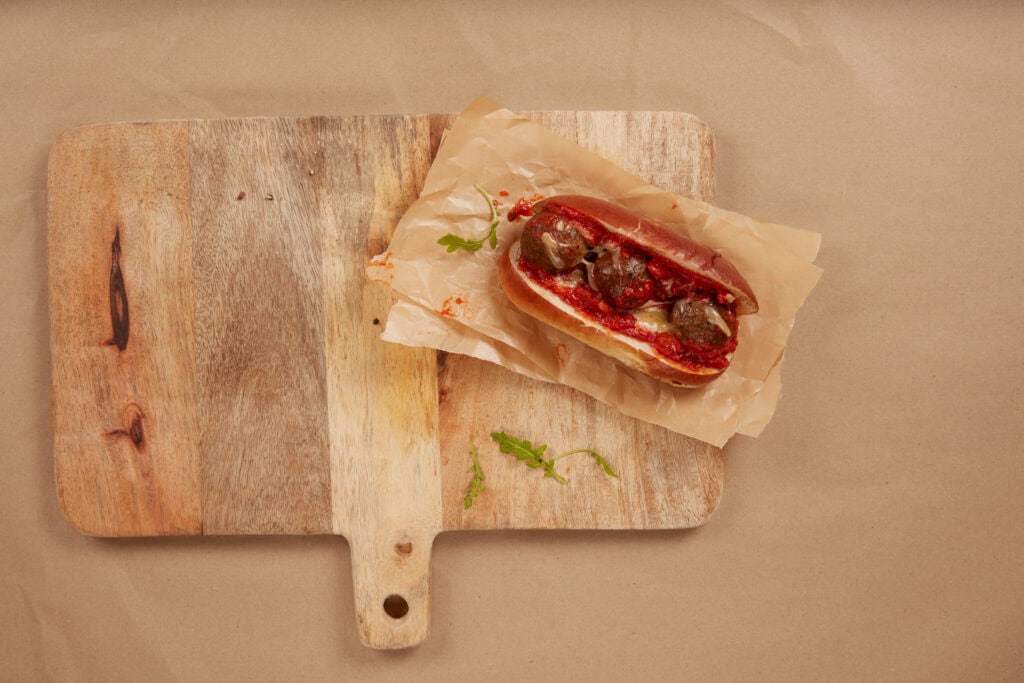 A sandwich with cultivated meatballs
